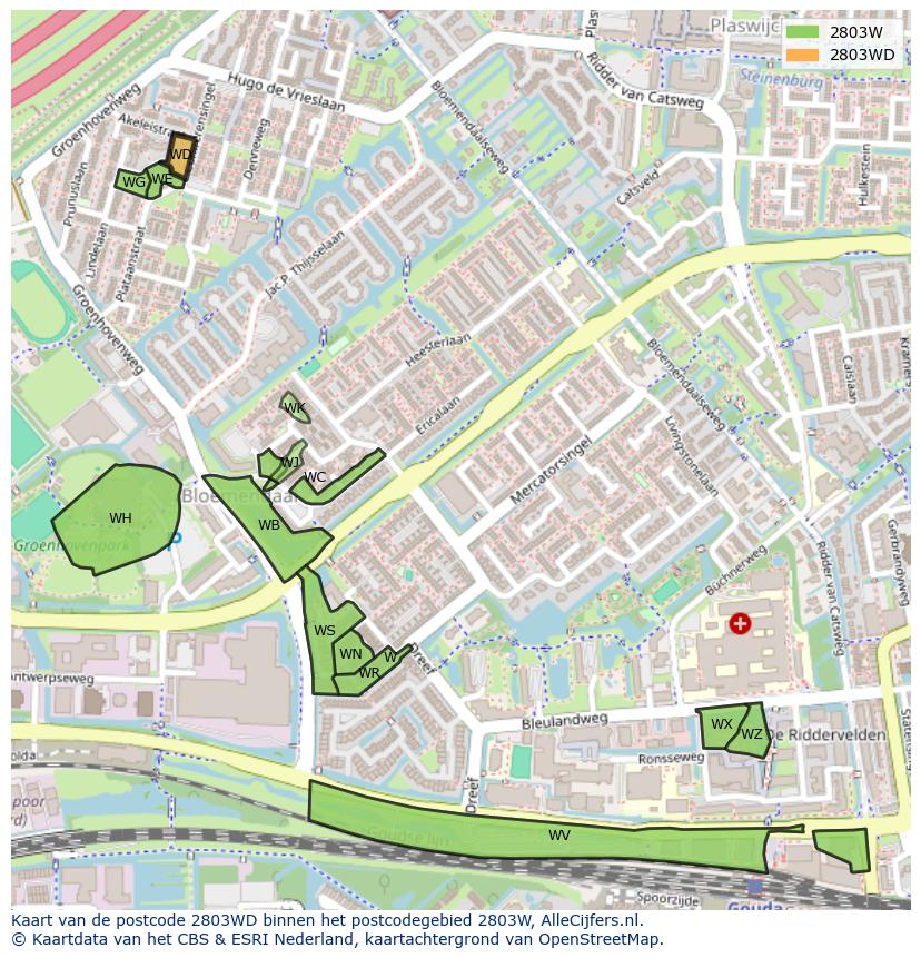 Afbeelding van het postcodegebied 2803 WD op de kaart.