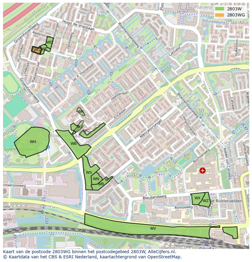 Afbeelding van het postcodegebied 2803 WG op de kaart.