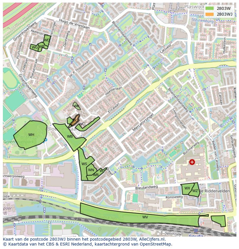Afbeelding van het postcodegebied 2803 WJ op de kaart.