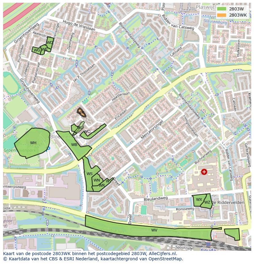 Afbeelding van het postcodegebied 2803 WK op de kaart.