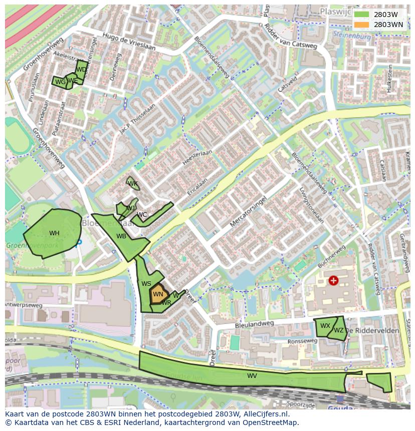 Afbeelding van het postcodegebied 2803 WN op de kaart.