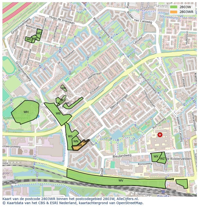 Afbeelding van het postcodegebied 2803 WR op de kaart.