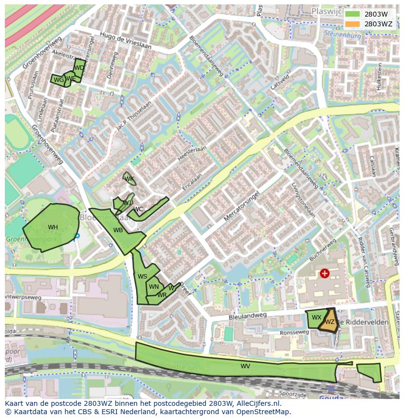 Afbeelding van het postcodegebied 2803 WZ op de kaart.