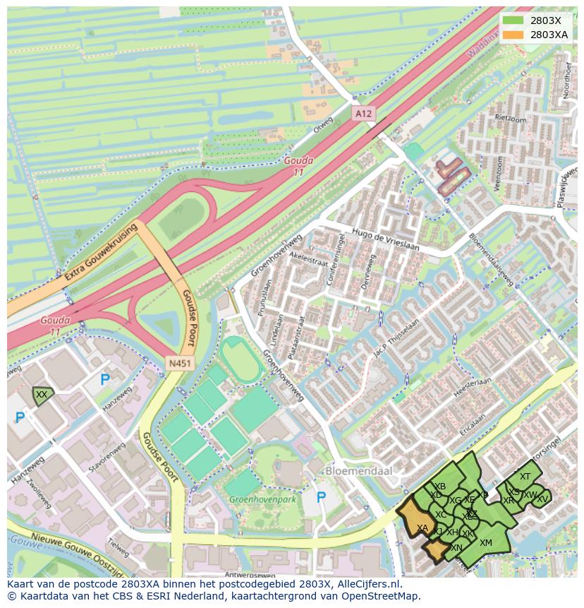 Afbeelding van het postcodegebied 2803 XA op de kaart.