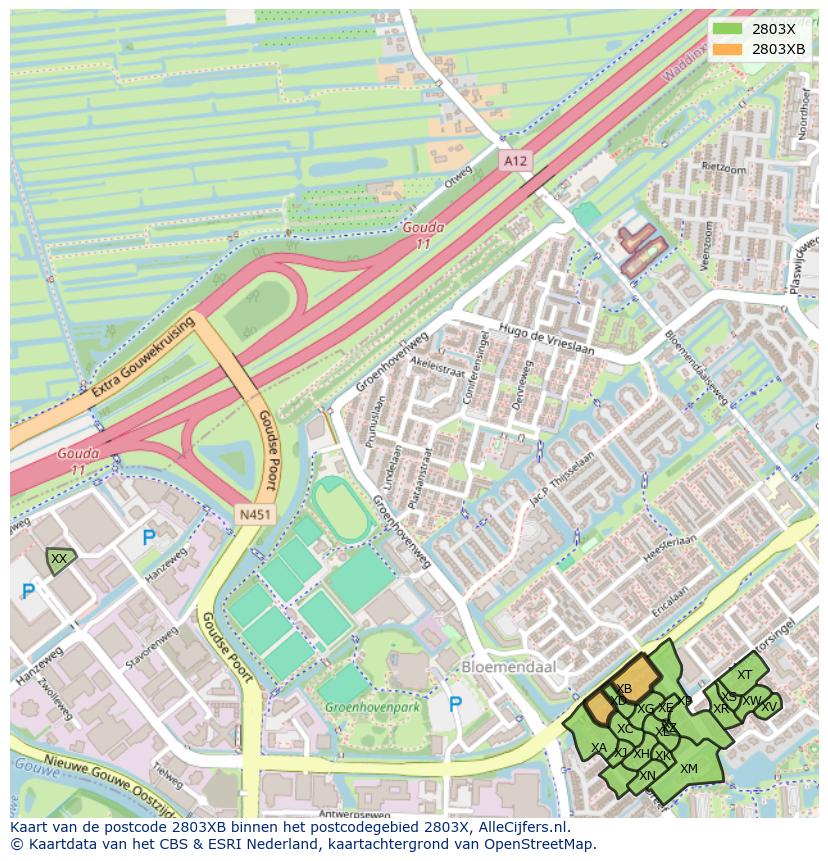 Afbeelding van het postcodegebied 2803 XB op de kaart.