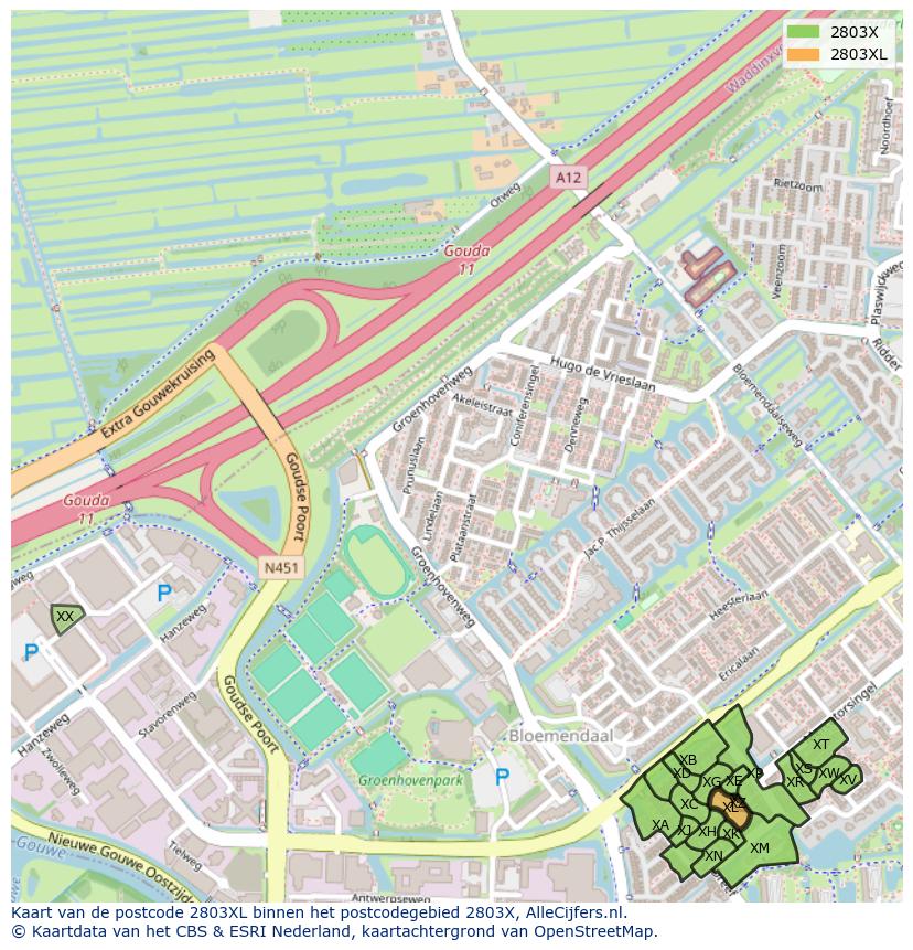 Afbeelding van het postcodegebied 2803 XL op de kaart.
