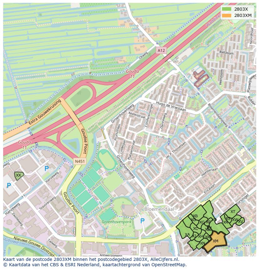 Afbeelding van het postcodegebied 2803 XM op de kaart.