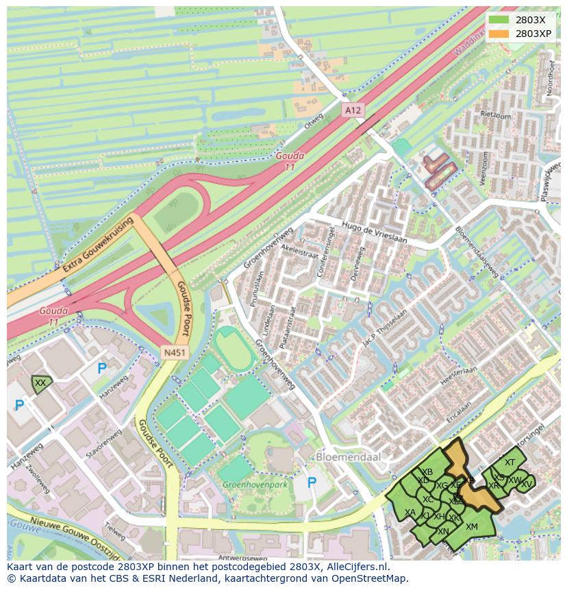 Afbeelding van het postcodegebied 2803 XP op de kaart.
