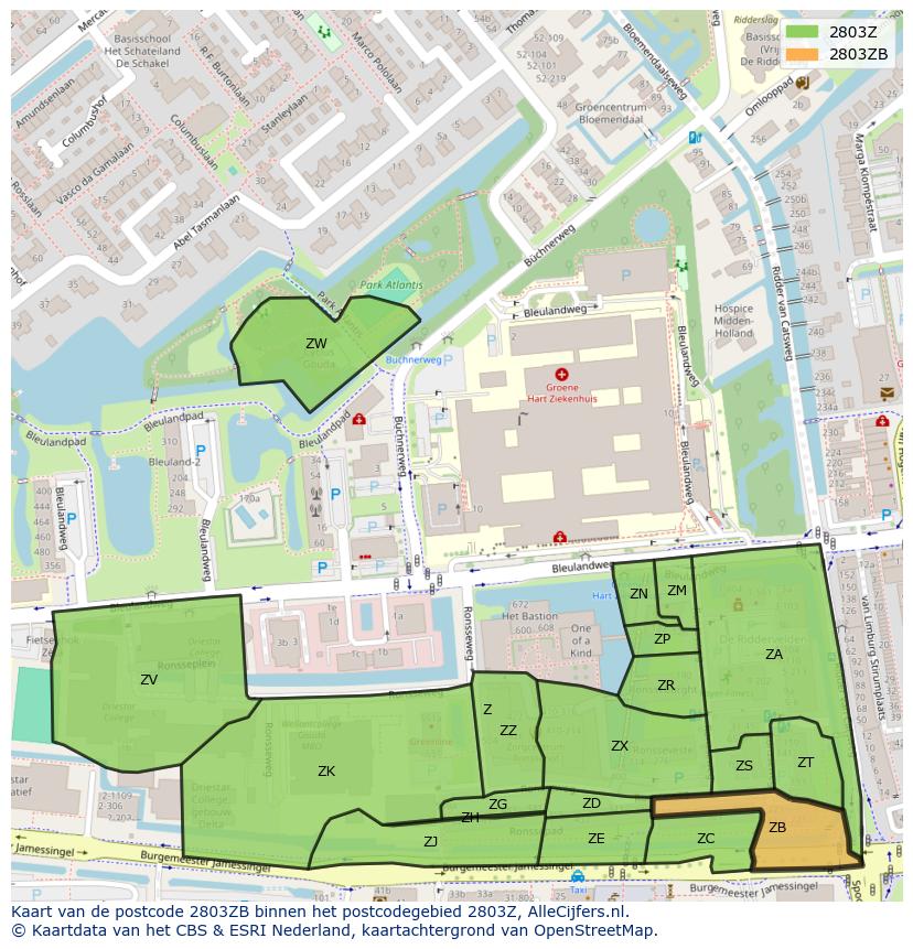 Afbeelding van het postcodegebied 2803 ZB op de kaart.