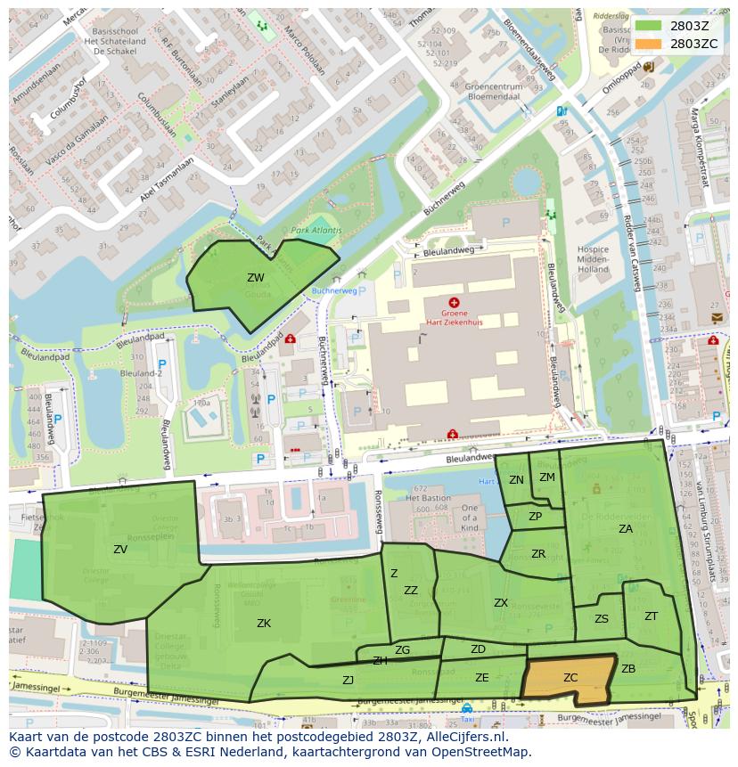 Afbeelding van het postcodegebied 2803 ZC op de kaart.