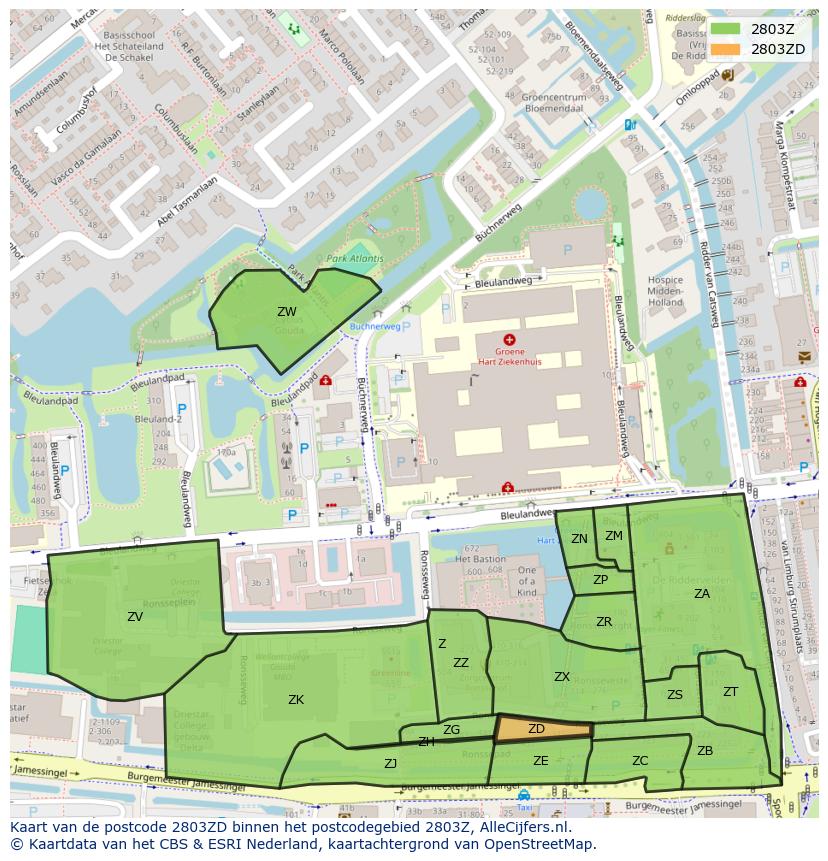 Afbeelding van het postcodegebied 2803 ZD op de kaart.