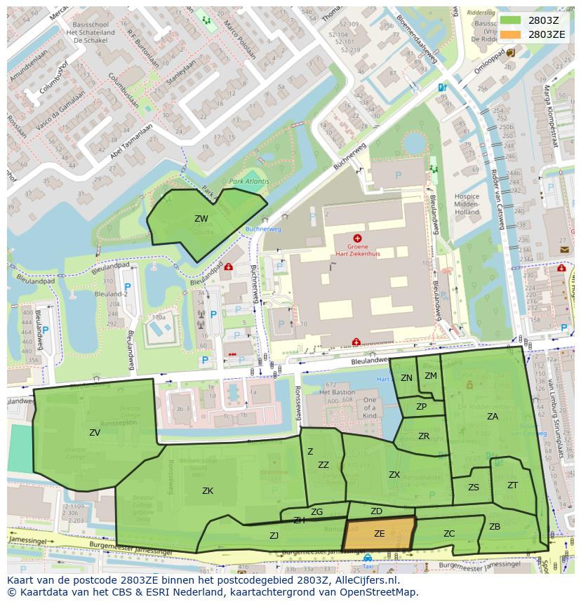 Afbeelding van het postcodegebied 2803 ZE op de kaart.