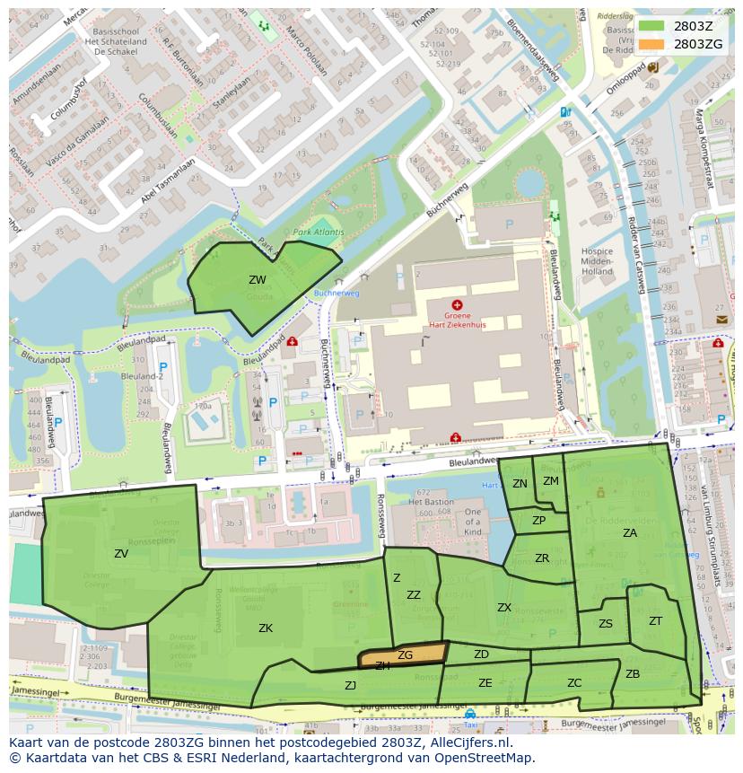 Afbeelding van het postcodegebied 2803 ZG op de kaart.