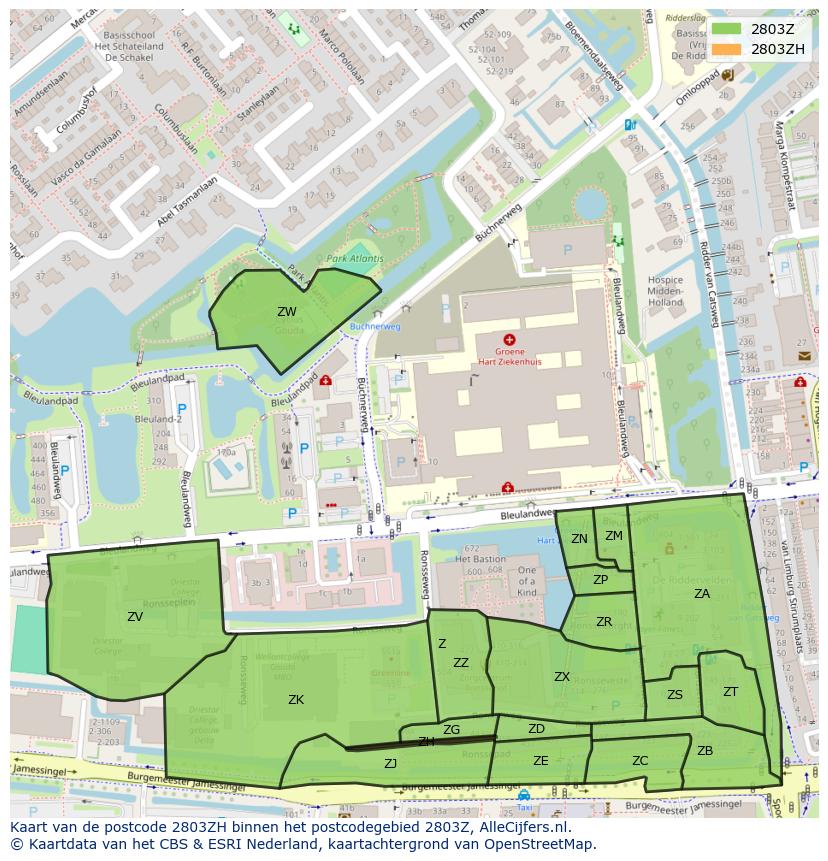 Afbeelding van het postcodegebied 2803 ZH op de kaart.