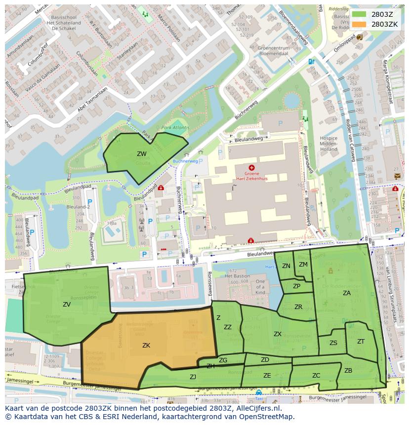 Afbeelding van het postcodegebied 2803 ZK op de kaart.