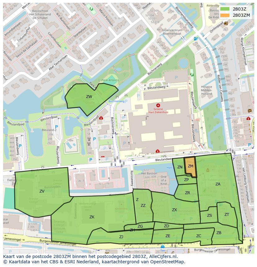 Afbeelding van het postcodegebied 2803 ZM op de kaart.