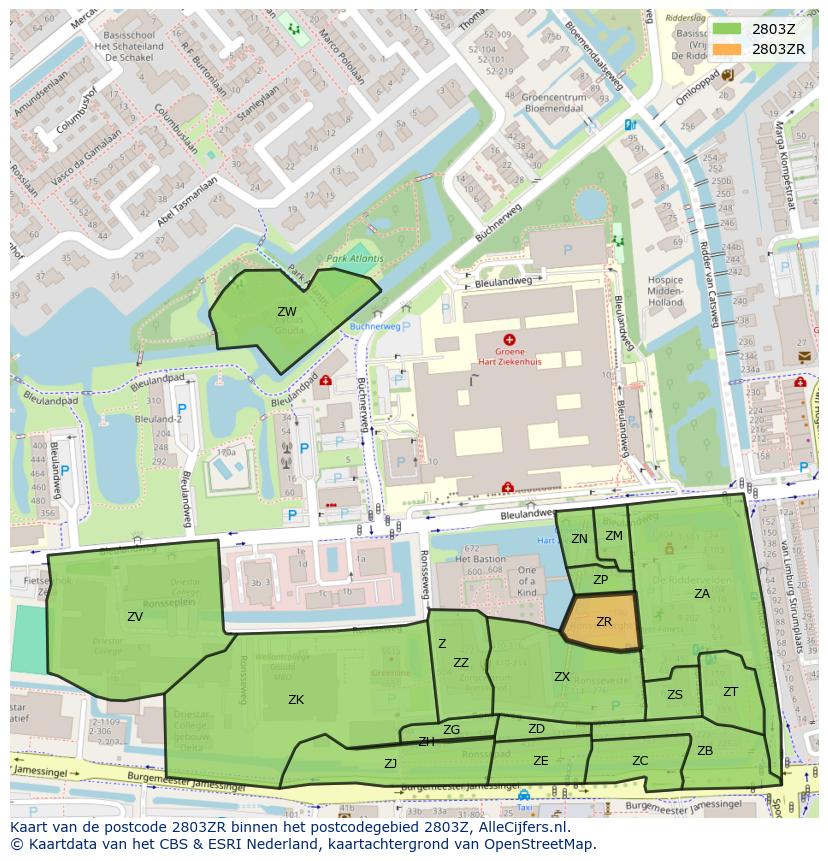 Afbeelding van het postcodegebied 2803 ZR op de kaart.