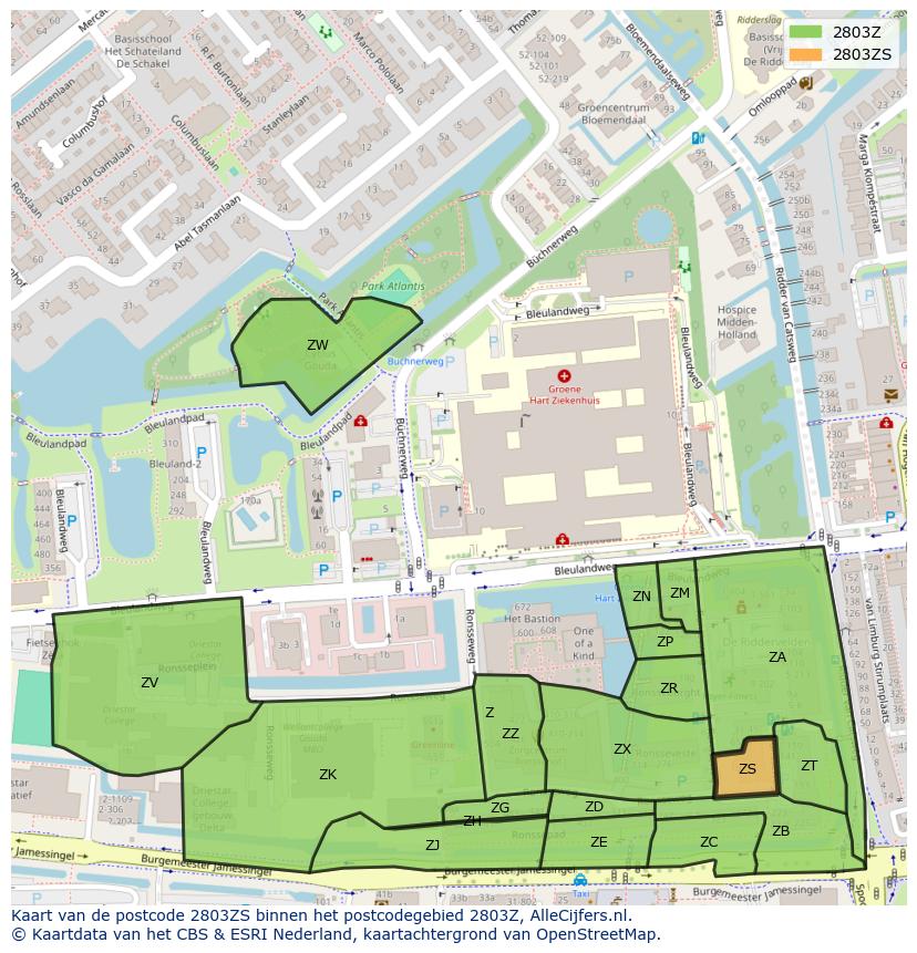 Afbeelding van het postcodegebied 2803 ZS op de kaart.