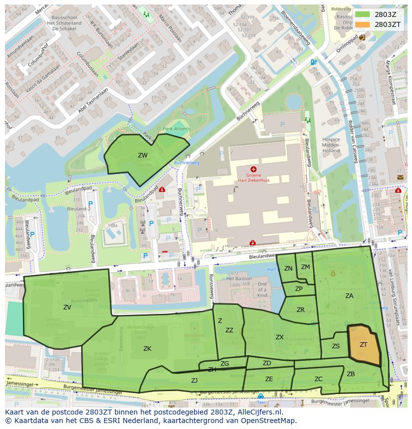 Afbeelding van het postcodegebied 2803 ZT op de kaart.