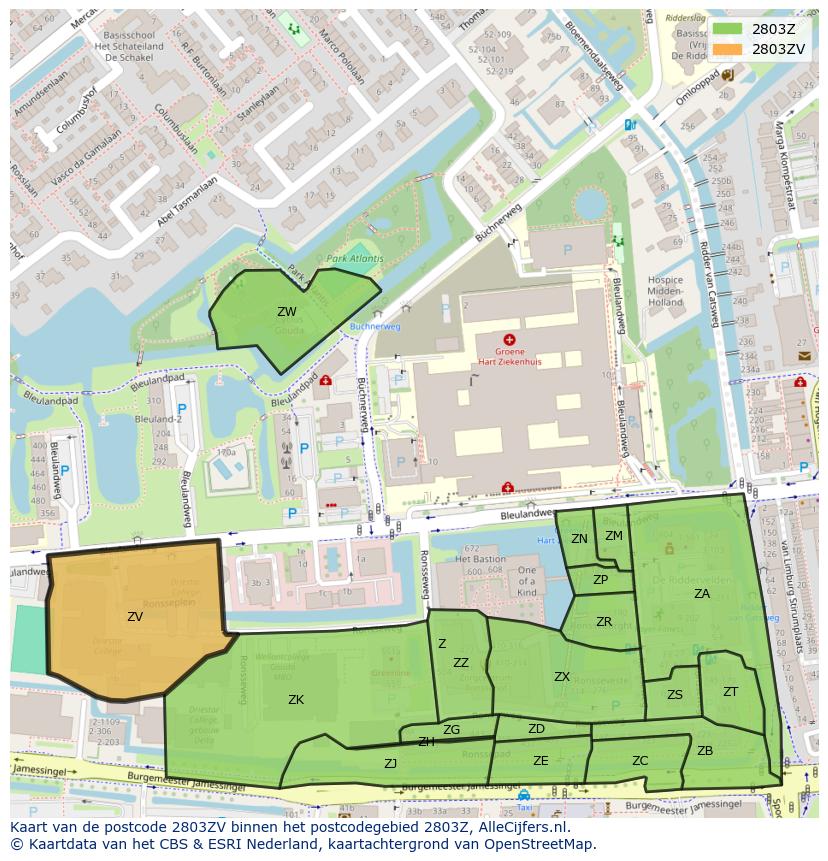 Afbeelding van het postcodegebied 2803 ZV op de kaart.