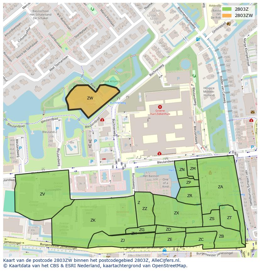 Afbeelding van het postcodegebied 2803 ZW op de kaart.