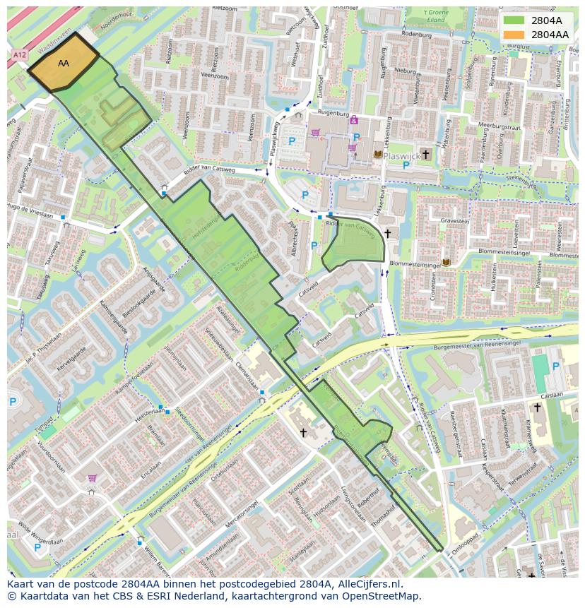 Afbeelding van het postcodegebied 2804 AA op de kaart.
