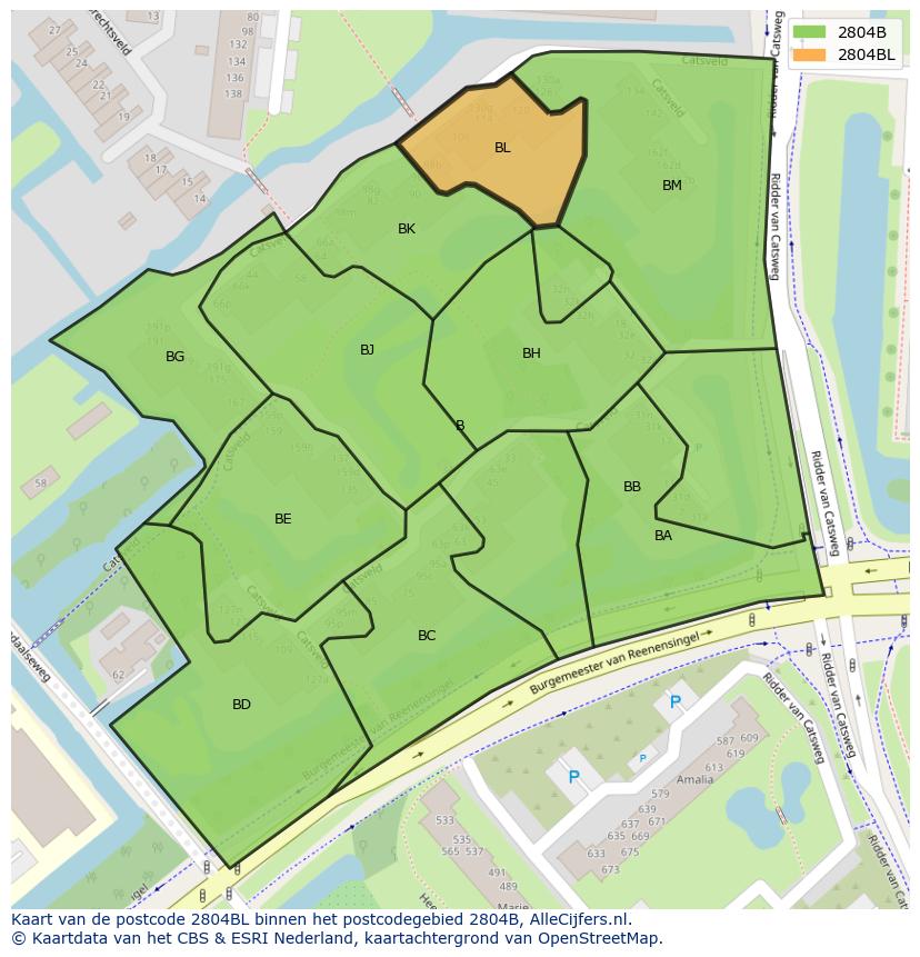 Afbeelding van het postcodegebied 2804 BL op de kaart.