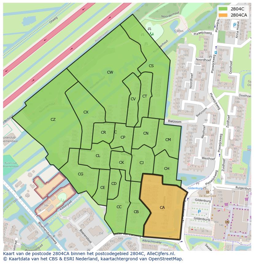 Afbeelding van het postcodegebied 2804 CA op de kaart.