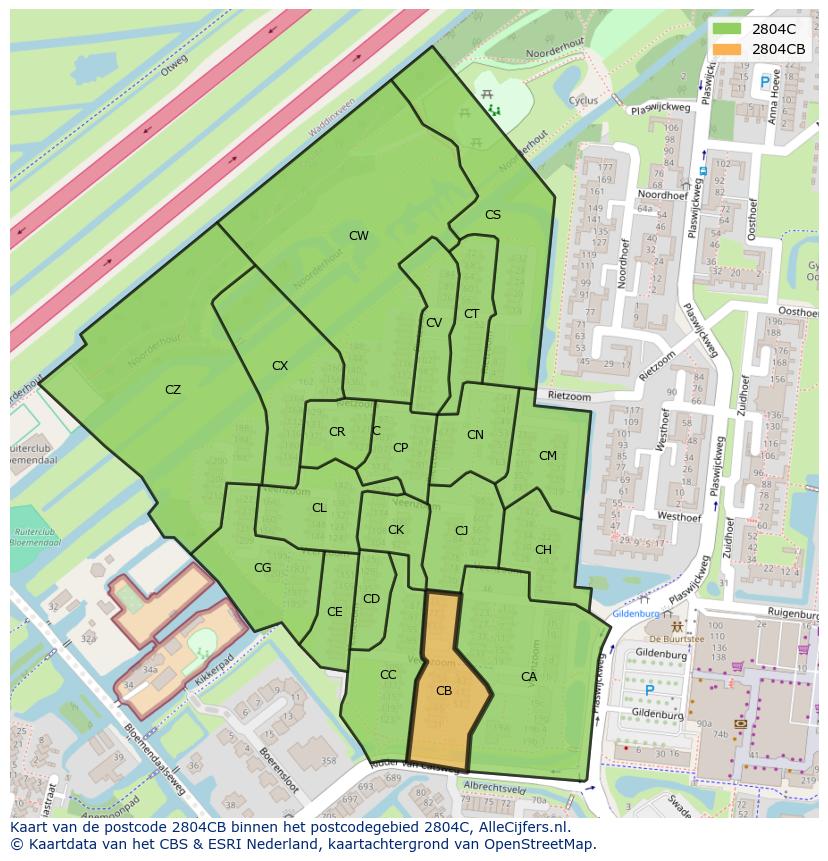 Afbeelding van het postcodegebied 2804 CB op de kaart.