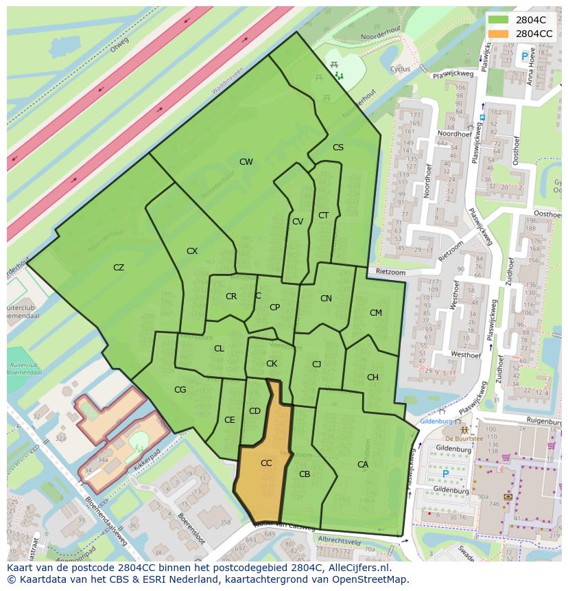 Afbeelding van het postcodegebied 2804 CC op de kaart.