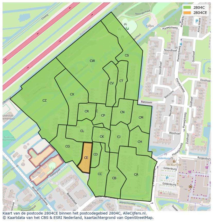 Afbeelding van het postcodegebied 2804 CE op de kaart.