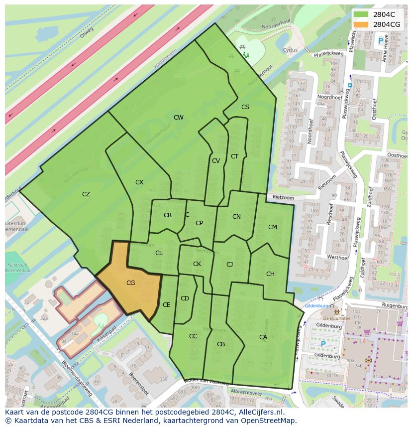 Afbeelding van het postcodegebied 2804 CG op de kaart.