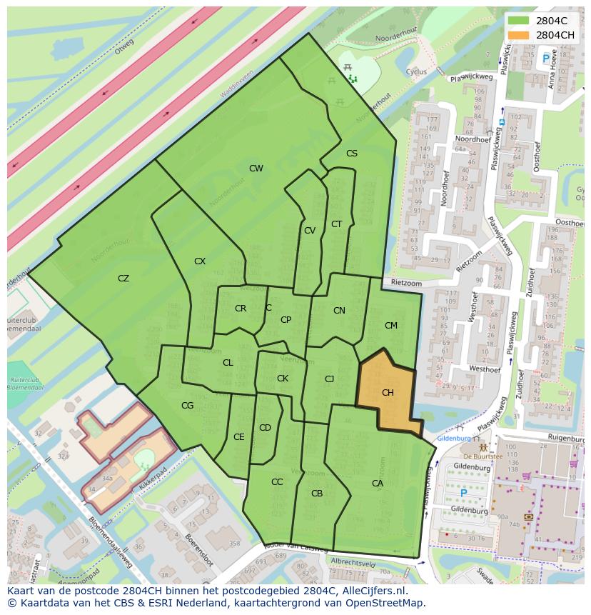 Afbeelding van het postcodegebied 2804 CH op de kaart.