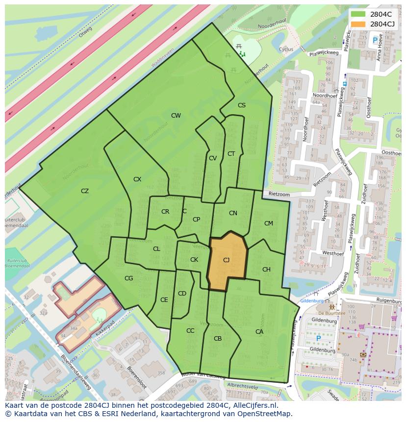 Afbeelding van het postcodegebied 2804 CJ op de kaart.