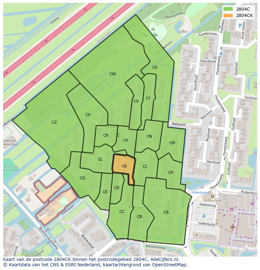 Afbeelding van het postcodegebied 2804 CK op de kaart.