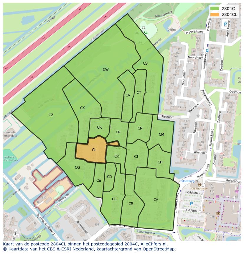 Afbeelding van het postcodegebied 2804 CL op de kaart.