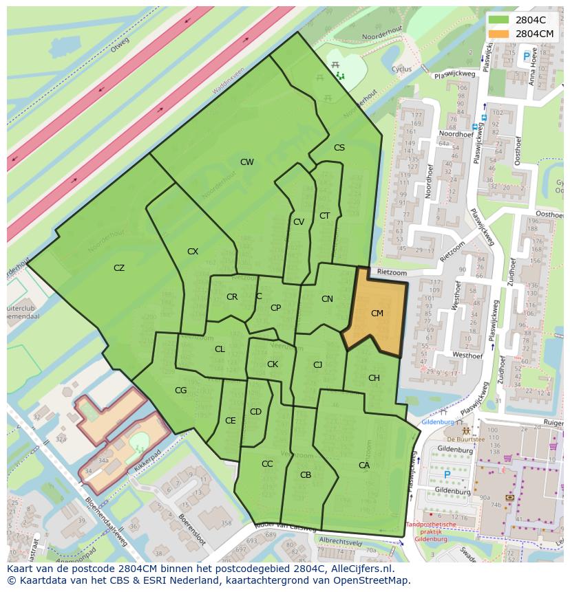 Afbeelding van het postcodegebied 2804 CM op de kaart.