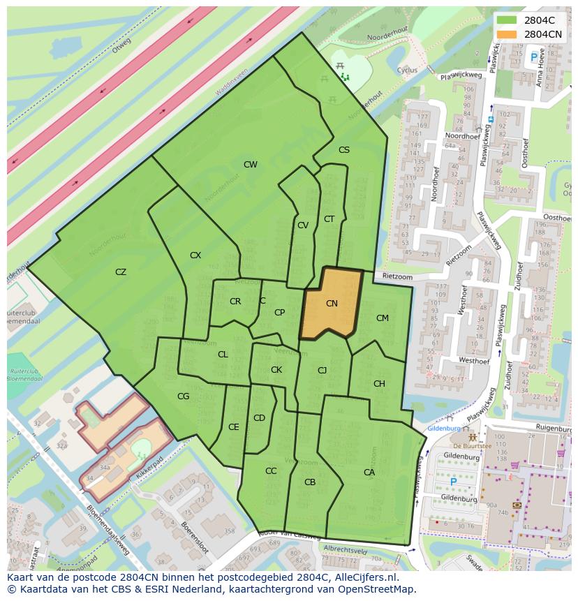 Afbeelding van het postcodegebied 2804 CN op de kaart.