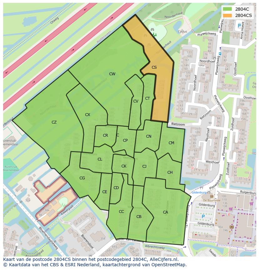 Afbeelding van het postcodegebied 2804 CS op de kaart.