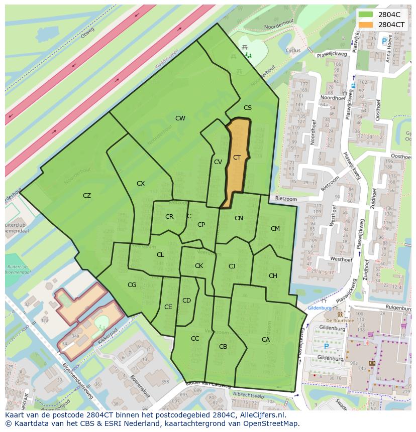 Afbeelding van het postcodegebied 2804 CT op de kaart.