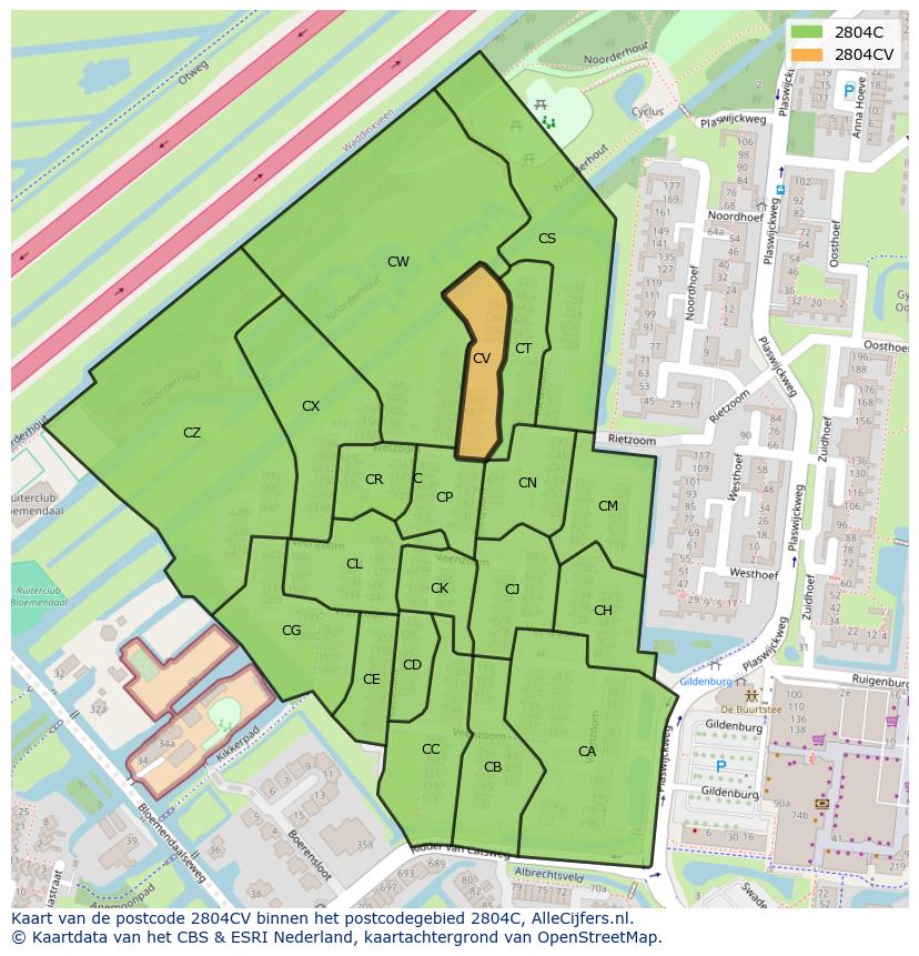 Afbeelding van het postcodegebied 2804 CV op de kaart.
