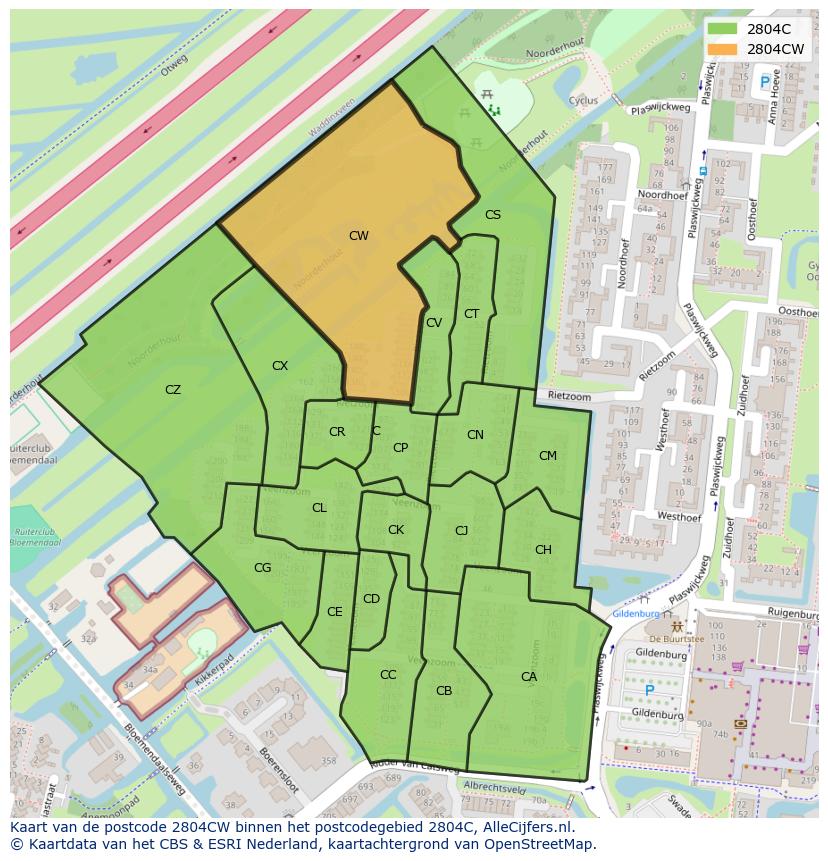 Afbeelding van het postcodegebied 2804 CW op de kaart.