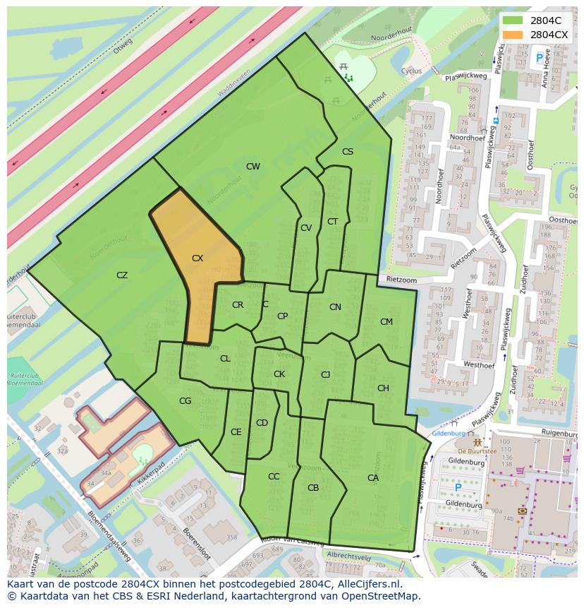 Afbeelding van het postcodegebied 2804 CX op de kaart.