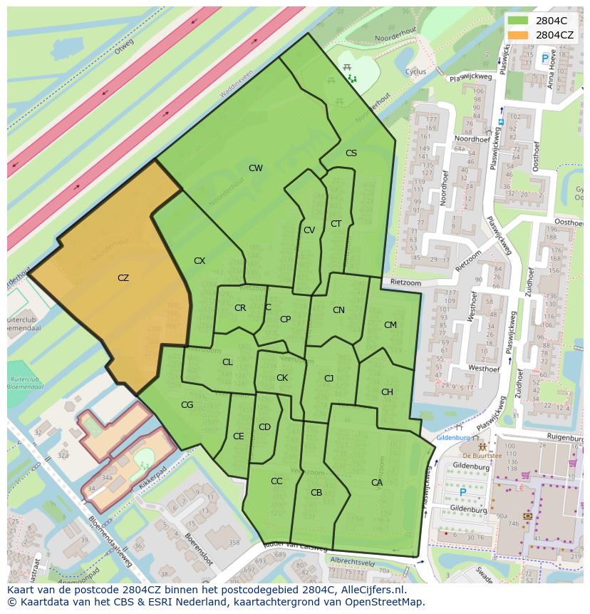 Afbeelding van het postcodegebied 2804 CZ op de kaart.
