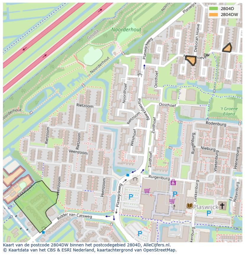 Afbeelding van het postcodegebied 2804 DW op de kaart.