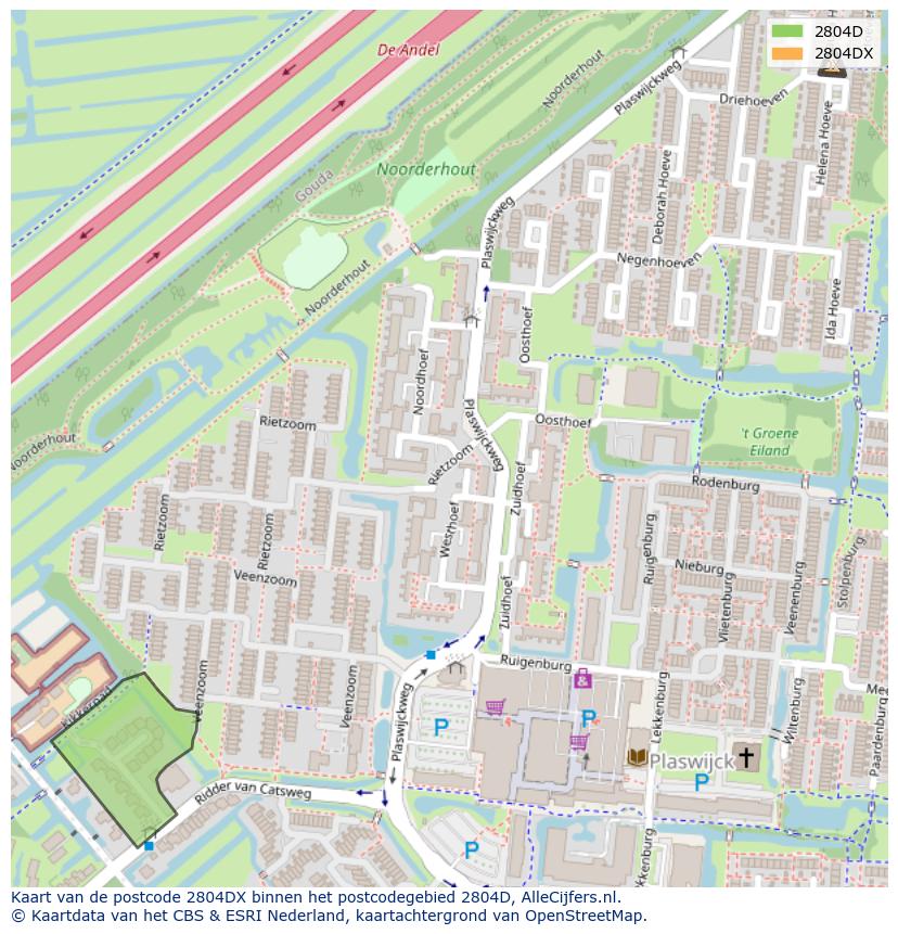 Afbeelding van het postcodegebied 2804 DX op de kaart.