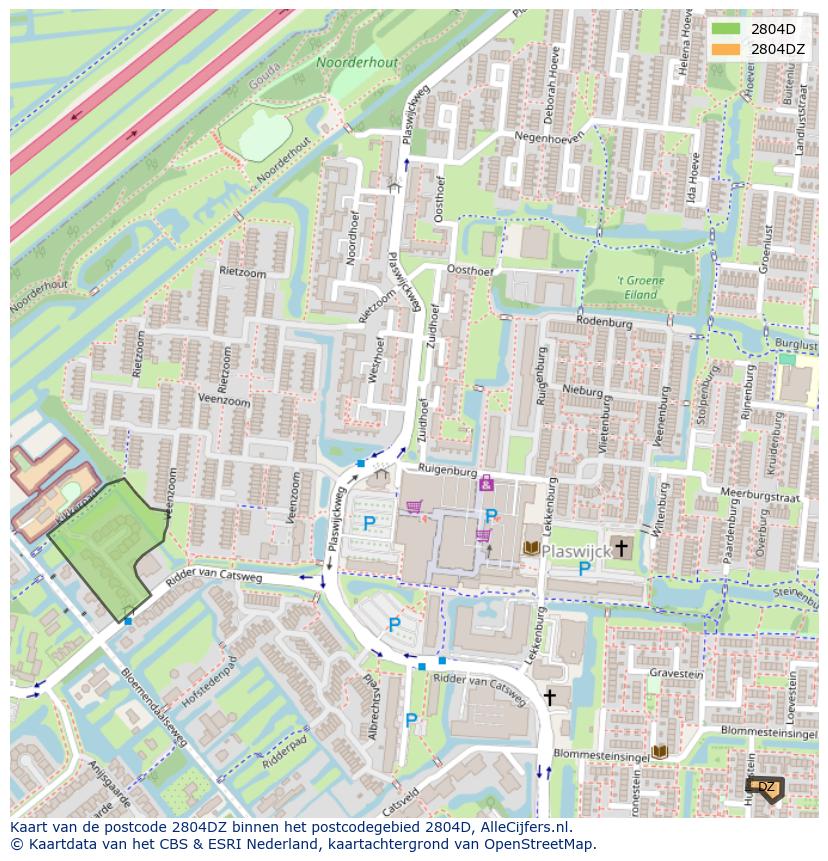 Afbeelding van het postcodegebied 2804 DZ op de kaart.