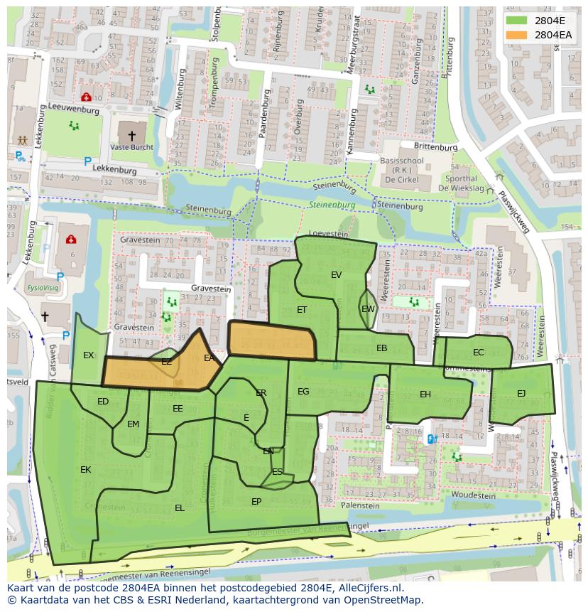 Afbeelding van het postcodegebied 2804 EA op de kaart.