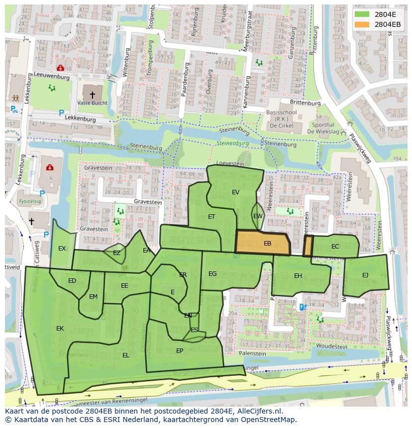 Afbeelding van het postcodegebied 2804 EB op de kaart.
