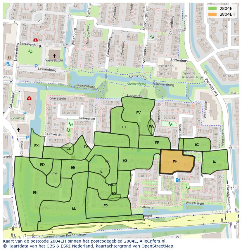 Afbeelding van het postcodegebied 2804 EH op de kaart.